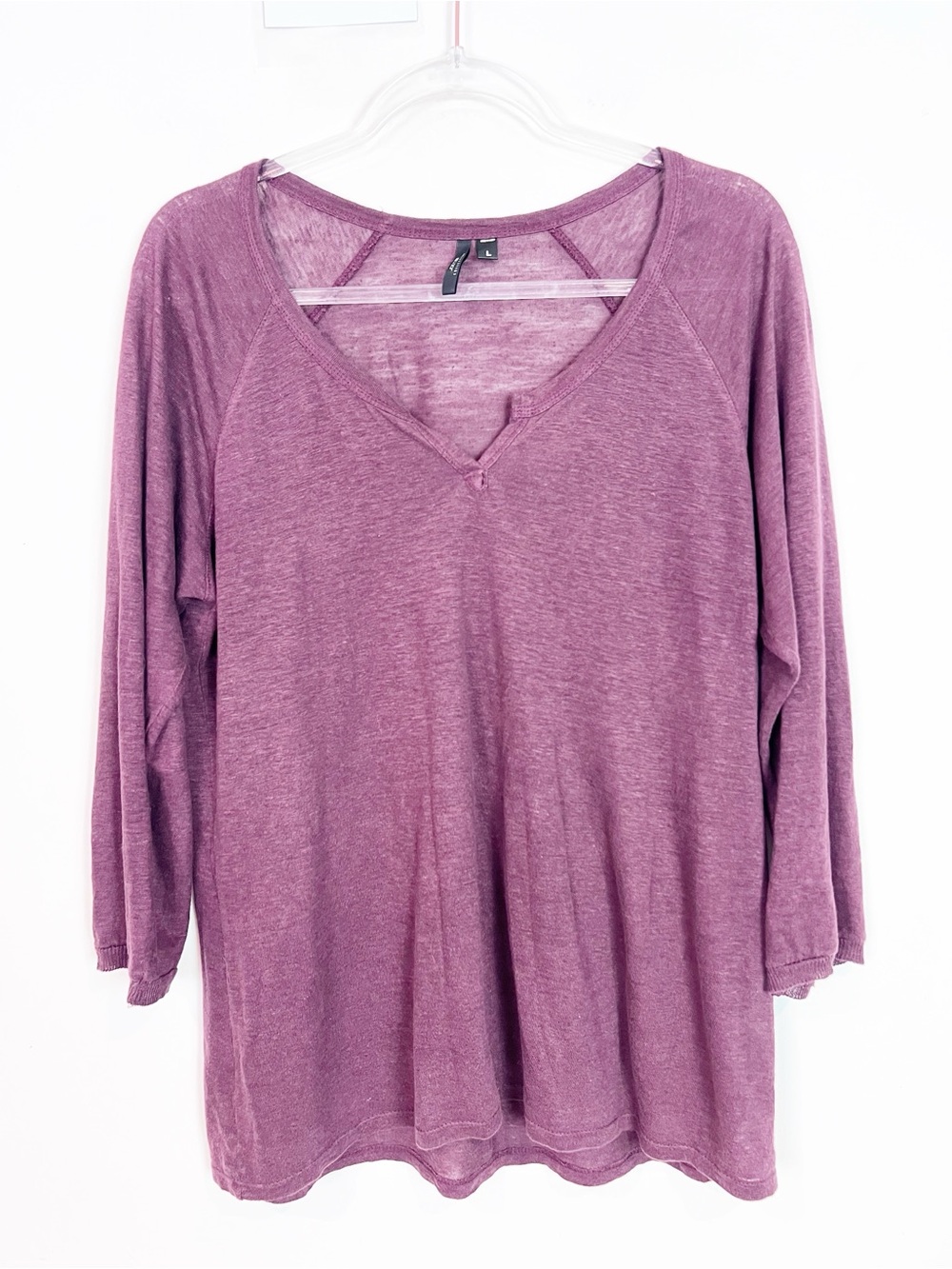 JOE’S COLLECTION MAUVE PINK 3/4 SLEEVE SLUB KNIT SPLIT V NECKLINE SHIRT LARGW